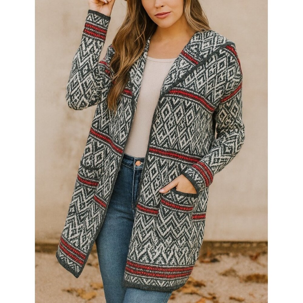 ASPEN Womens Wool Chunky Gray Fair Isle Nordic Open Front Sweater sz M Cabincore